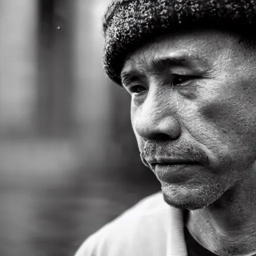 Prompt: closeup portrait of a man fishing in a rainy new york street, photography, detailed face, natural light, ƒ1.8, 35mm