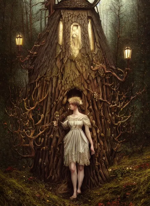 Image similar to highly detailed oil painting | very intricate | cinematic lighting | award - winning | the lonely witch hut in the forest fashion by alexander mcqueen | by roberto ferri, by tom bagshaw, by j. c. leyendecker and klimt, american romanticism, by austin osman spare, artstation, cgsociety, official art, octane