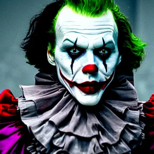 Image similar to Johnny Depp playing The Joker as Pennywise as The Crow