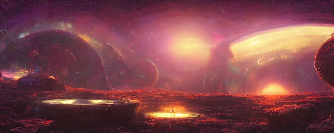 Image similar to ” planetary portal abandoned over open sky, [ art by paul lehr, cinematic, detailed, epic, widescreen, opening, establishing, mattepainting, photorealistic, realistic textures, octane render ] ”