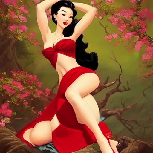 Image similar to pin - up portrait of a beautiful young mulan, pretty long hair, cherry blossoms, intense flirting, showing curves, symmetrical face, digital art, smooth, extremely detailed, model pose, by wu bayard, by gil elvgren, by ralph horsley, by hanks steve