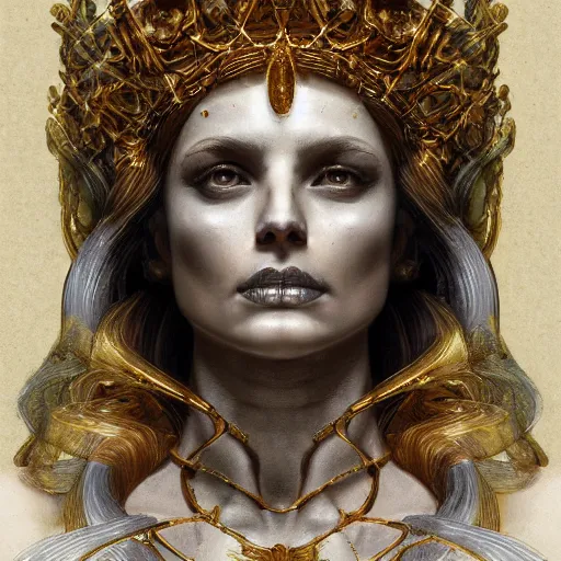 Image similar to portrait of Hecate as a marble statue skeleton, greek mythology, gold crown and filaments, intricate, headshot, highly detailed, digital painting, artstation, concept art, sharp focus, cinematic lighting, illustration, art by artgerm and greg rutkowski, alphonse mucha, cgsociety