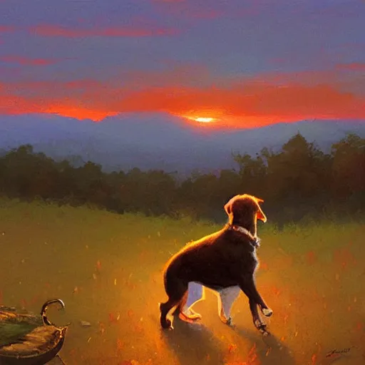 Image similar to a dog watching a beautiful sunset, paint by craig mullins