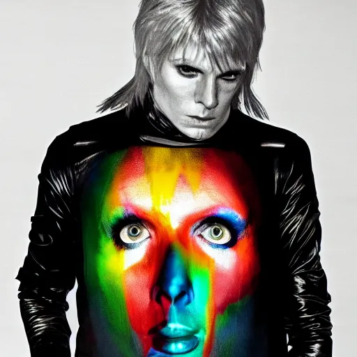 Prompt: Ziggy Stardust in a black long sleeve shirt looking directly into the camera, forward angle, white background, realistic, hyperrealistic, in real life, highly detailed, very detailed, 4k resolution, 8k resolution, trending on artstation, real life, head and bodyshot