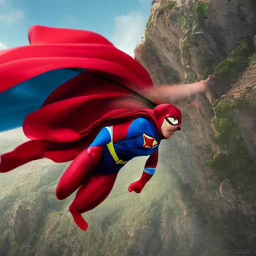 Image similar to a flying superhero catching a child that is falling from a cliff. photorealistic. realism. 4 k wideshot. cinematic. unreal engine. artgerm.