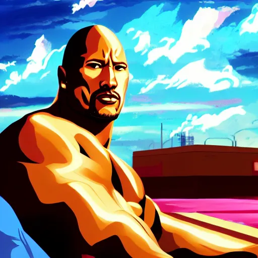 Image similar to A portrait of Dwayne Johnson, in the style of modern anime, city, rain