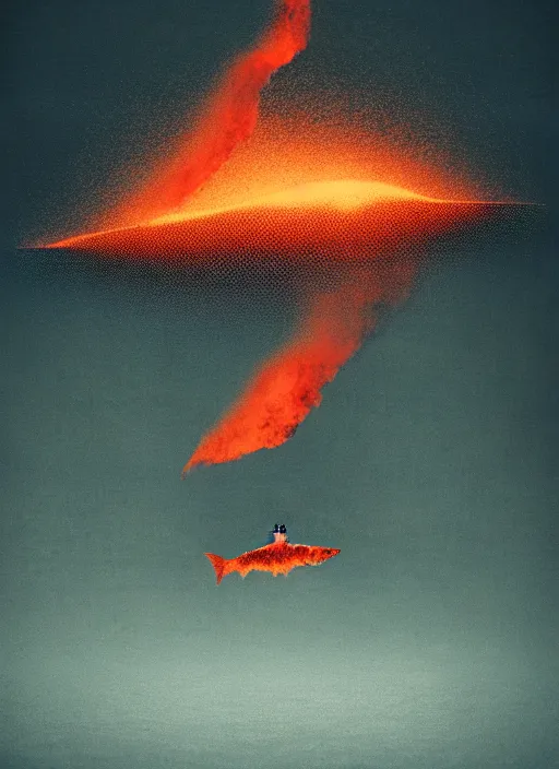 Prompt: burning overgrowth + a lone man + fish flying in the sky + habitat 67, Mads Berg, Karolis Strautniekas, film noir, stippled light, dramatic lighting,editorial illustration, detailed,fine texture, matte print, dark blue + dark orange, red, black