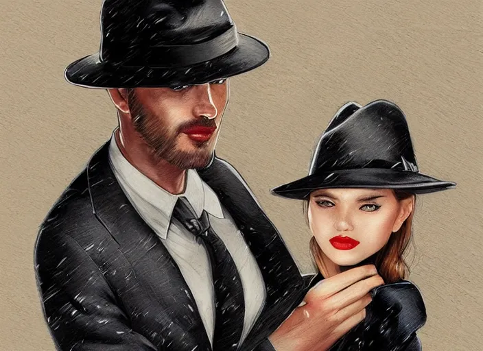 Prompt: noir detective and a fedora, raining, Artwork by Artgerm