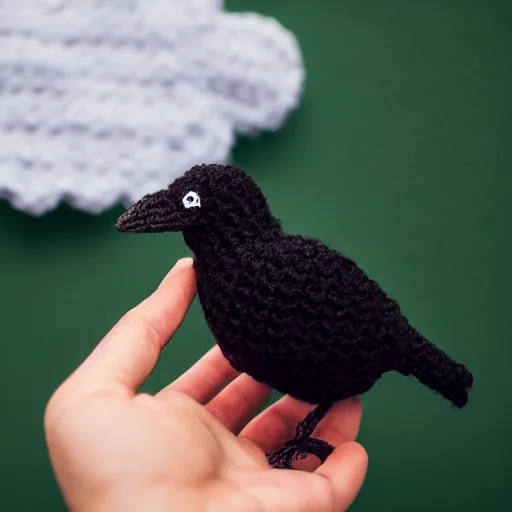 Prompt: a black knitted crow in front of a white crocheted cloud 2D