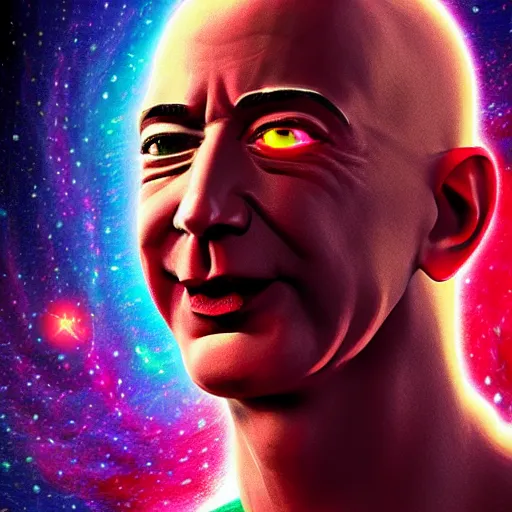 Image similar to Jeff Bezos as a terrifying cosmic horror with tentacles and soulless eyes with a cosmic background. Epic digital art