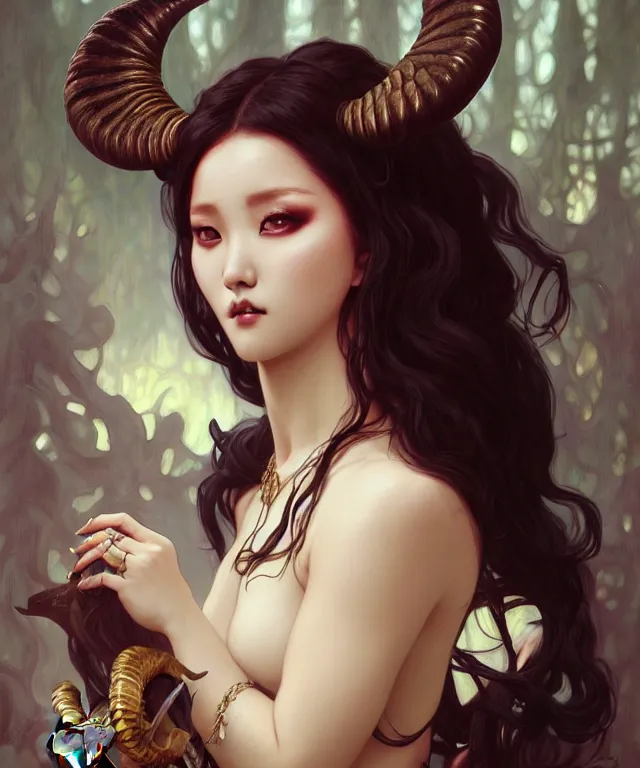 Image similar to hwasa as a richly-dressed gothic female fantasy satyr with goat horns, portrait, fantasy, intricate, elegant, highly detailed, digital painting, artstation, concept art, smooth, sharp focus, illustration, art by artgerm and greg rutkowski and alphonse mucha