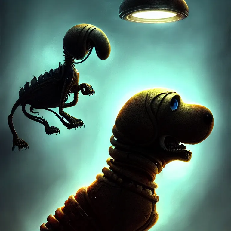 Image similar to epic professional digital art of alien snoopy, atmospheric lighting, painted, intricate, detailed, by bruce breneise, wayne haag, reyna rochin, ignacio fernandez rios, best on artstation, cgsociety, epic, stunning, gorgeous, much wow, cinematic, masterpiece