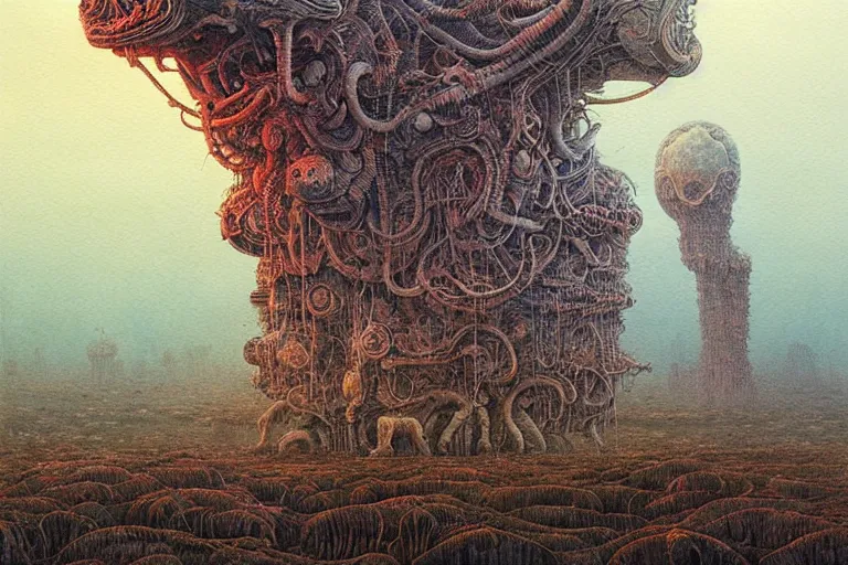 Image similar to a surreal and awe - inspiring science fiction landscape, alien plants and animals, intricate, elegant, highly detailed watercolor painting by beksinski and simon stalenhag