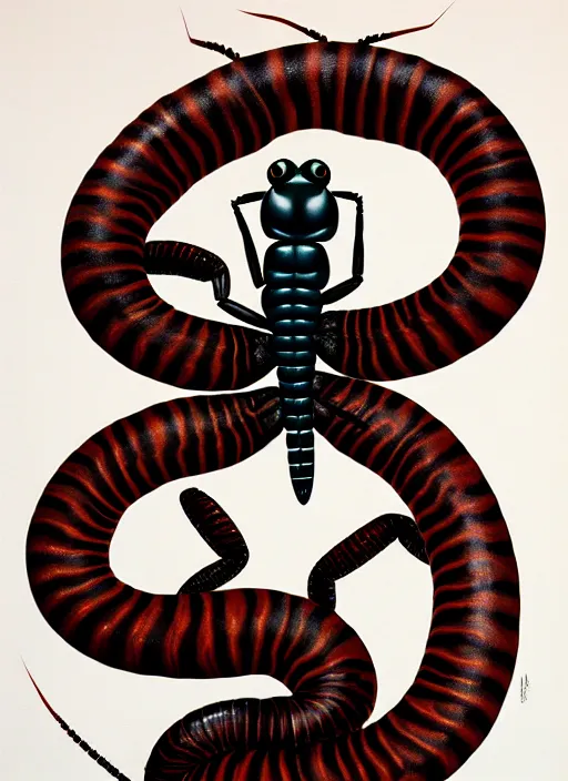 Image similar to beautiful matte airbrush portrait of a scolopendra on a white background, 8 0's airbrush aesthetic, art by pater sato