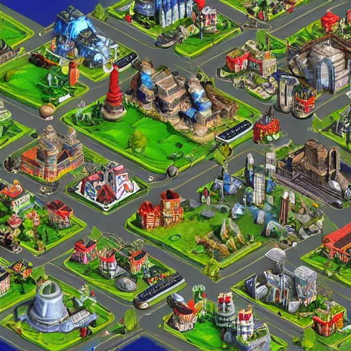 Image similar to Simcity map with warcraft 2 buildings isometric