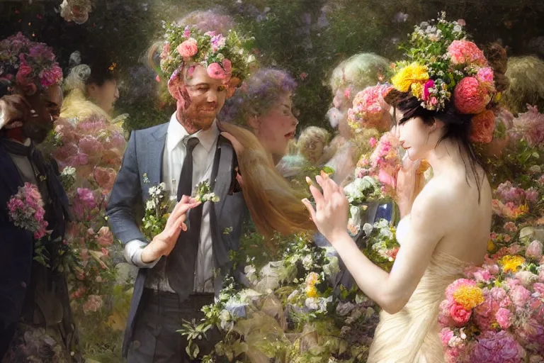 Image similar to the groom look at the bride at a wedding full of flowers, bright and happy, dreamlike art, highly detail, 4 k realistic, wedding photoy krenz cushart, artem demura, yoji shinkawa artgerm, jon lothian, danilo torres. adi meyers. thomas reimann. gaston bussiere.