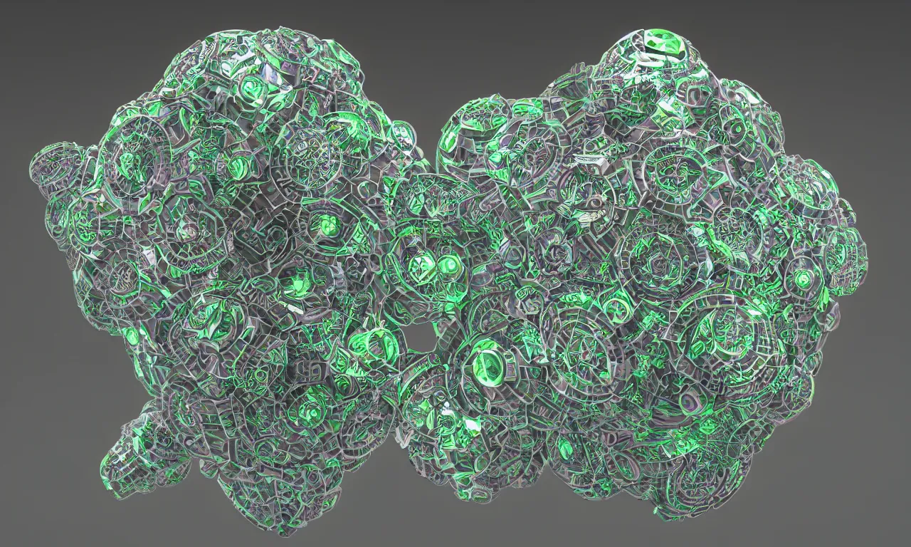 Image similar to mandrelbot 3 d volume fractal mandala ceramic chakra digital color stylized an ancient white bone and emerald gemstone relic, intricate engraving concept 3 d point lighting substance patern natural color scheme, global illumination ray tracing hdr fanart arstation by sung choi and eric pfeiffer and gabriel garza and casper konefal