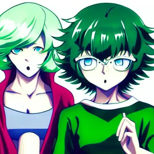 Prompt: fubuki and tatsumaki, esper sisters from One Punch Man, green hair, trending on pixiv, anime