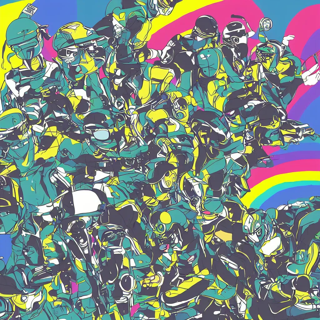 Image similar to people wearing helmets, ryuta ueda artwork, jet set radio artwork, stripes, gloom, space, cel - shaded art style, broken rainbow, data, minimal, speakers, code, cybernetic, dark, eerie, cyber