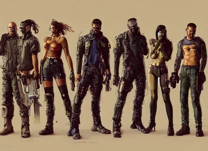 Prompt: cyberpunk mercenary team. portrait by stonehouse and mœbius and will eisner and gil elvgren and pixar. character design. realistic proportions. cyberpunk 2 0 7 7 character art, blade runner 2 0 4 9 concept art. cel shading. attractive face. thick lines. the team. diverse characters. artstationhq.