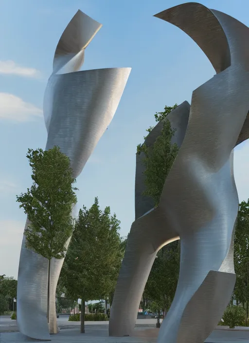 Image similar to highly detailed realistic architecture 3 d render of a futuristic stele monument in frank gehry style standing in city park, archdaily, made in unreal engine 4 octane render