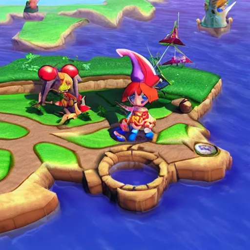 Prompt: “a still of Chrono Cross, Wind Waker, and Yoku’s Island Express crossover game”