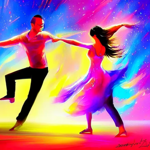 Prompt: semi realistic portrait of The star is exploding colorful while Dancers Salsa Dancing by Stanley Artgerm Lau, sun exploding on the background, Gesture draw, Salsa Social Dance, couple, Salsa tricks, explosive colors background, WLOP, Rossdraws, Gesture draw, James Jean, Andrei Riabovitchev, Marc Simonetti, and Sakimichan, trending on artstation