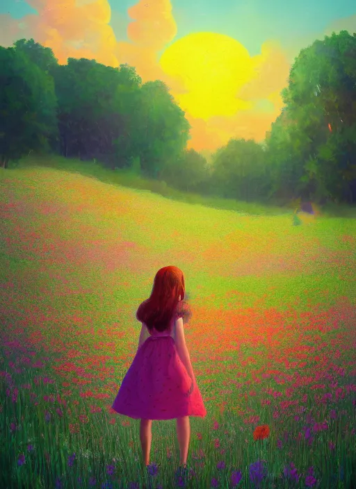 Image similar to girl with giant flower as a face and flower dress, standing in a flower field hills, big trees, sunrise dramatic light, impressionist painting, colorful clouds, digital painting, pointillism, artstation, simon stalenhag