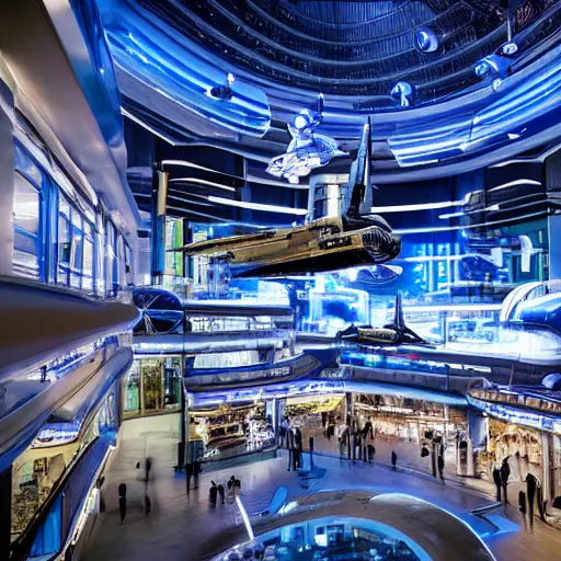 Image similar to a scene of a futuristic sky city mall with steampunk air vehicles taken from a distance, minimalist, blue and white, cinematic lighting