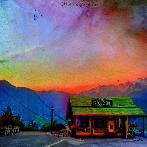 Prompt: mountain cafe, cinematic, photography, surreal, impressionist