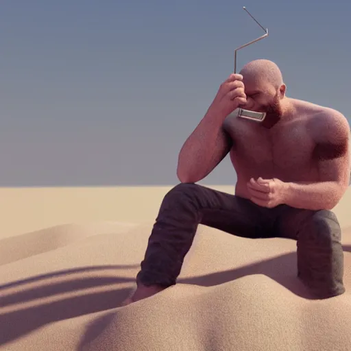 Prompt: a man eating a cube of sand, 3 d render, octane, ray tracing, ultra detailed photorealistic, 8 k, high resolution