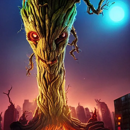 Prompt: a giant lovecraftian groot destroying a city, epic lighting, realistic