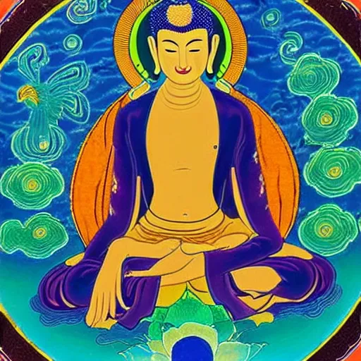 Prompt: peaceful buddhist art, tibetan buddhism example, psychedelic beautiful vision, trending, award-winning