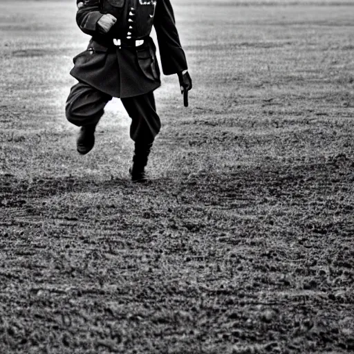 Image similar to a german officer holding his officer cap, movement blur, he is running across a dirt field, taken on a ww 2 camera, realistic.