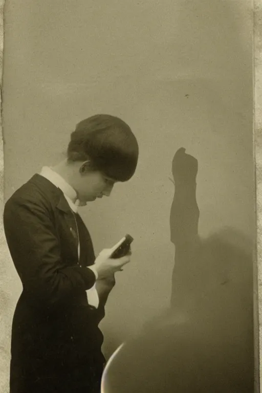 Image similar to 1 9 0 0 s photo of a person looking at an iphone photo grain double exposure masterpiece