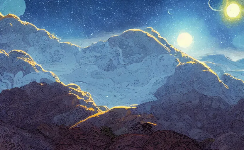 Image similar to mountains, stars and paisley filled sky, artstation, intricate, highly detailed, digital painting, concept art, sharp focus, illustration by Jean Claude Mézières and Charles Williams