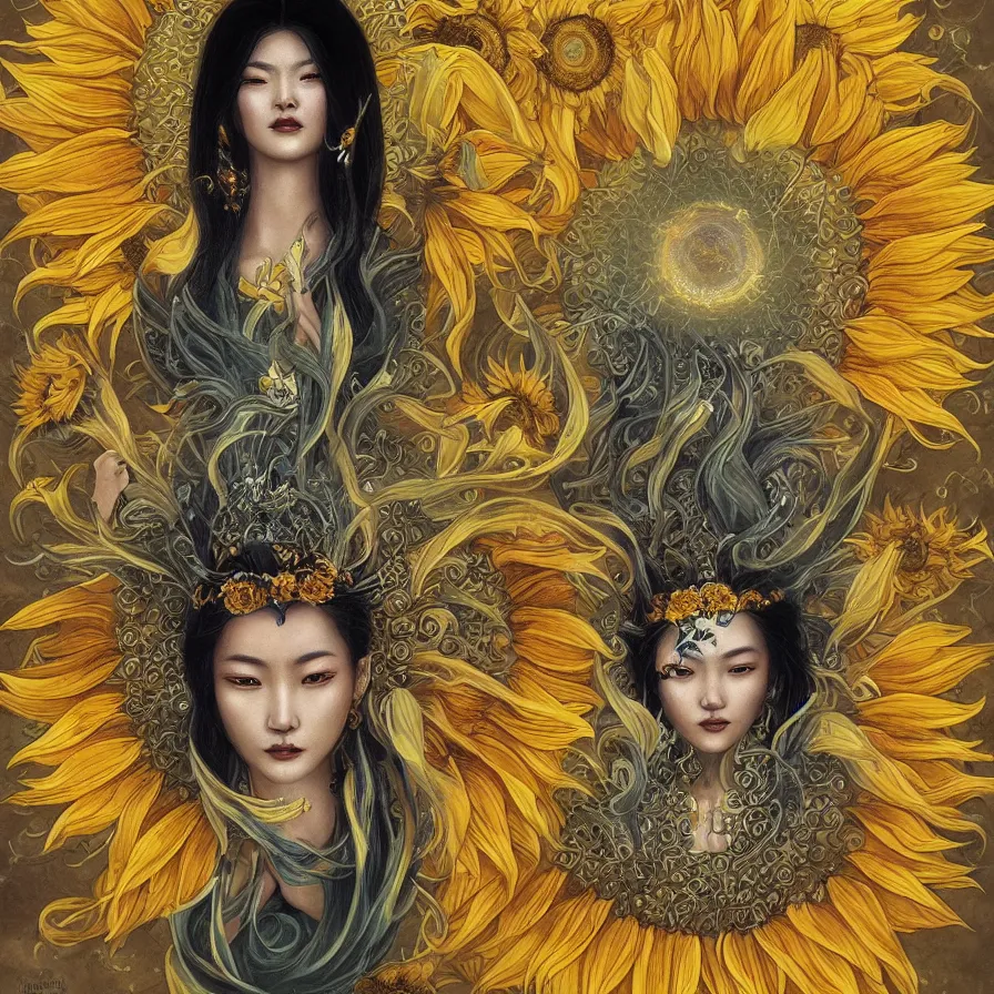 Image similar to The Chinese goddess of sunflower, who has a glowing third-eye and an helianthus-shaped golden crown, and presides over the rays of the sun with her sacred vision, by Anato Finnstark, Tom Bagshaw, Brom