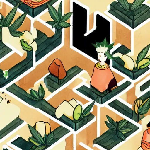 Image similar to neat composition cannabis leaf in pot cafe detailed cute characters, isometric fun style ink watercolor illustration, by ren hang, australian style video game still