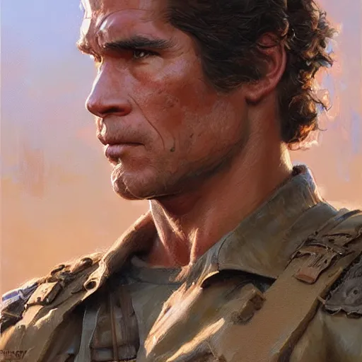 Image similar to Henry Caville and Arnold Schwarzenegger as soldiers, closeup character art by Donato Giancola, Craig Mullins, digital art, trending on artstation