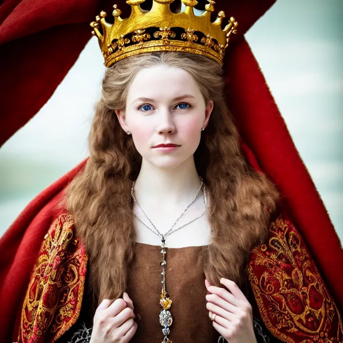 Prompt: portrait photograph of a real-life extremely beautiful!! young nordic queen with ornate cloak and crown, looking at the camera!!. Extremely detailed. 8k