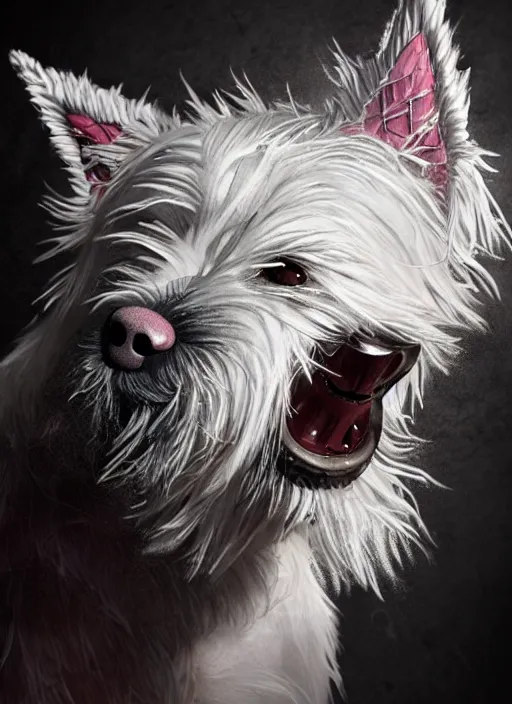 Prompt: a high detail shot of an Anthropomorphic west highland white terrier as a heavy metal guitarist, photorealism, volumetric lighting, epic lighting, artstation, hd