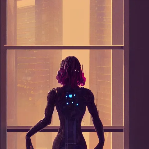 Prompt: portrait of cyberpunk woman looking out of a window, cyberpunk setting, futuristic, highly detailed, intricate lighting, digital painting, sharp focus, illustration, trending on artstation, art by wlop.