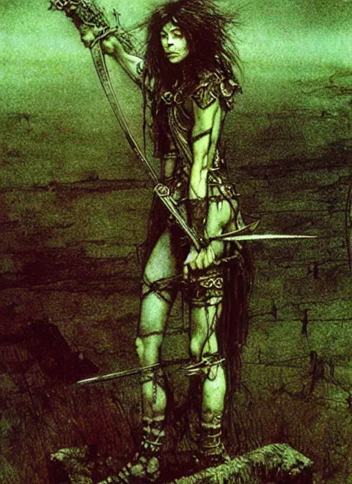 Image similar to barbarian girl with sword by Beksinski and Arthur Rackham