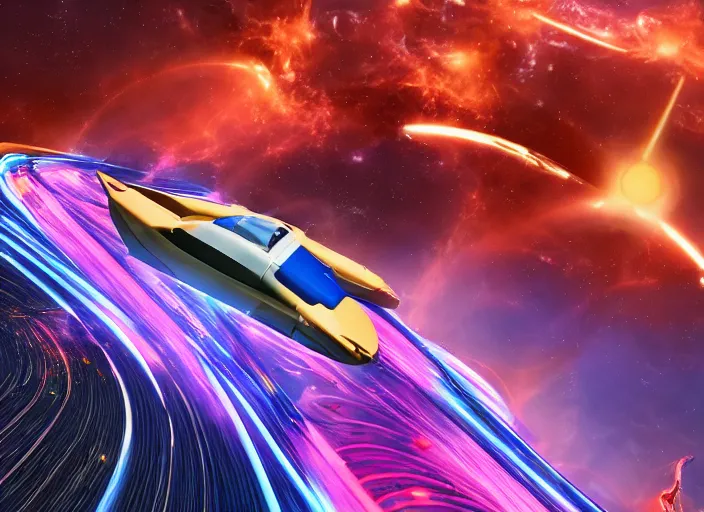 Image similar to inter dimensional sci - fi mach - five speed racer far future, travelling across the stars, cosmos, galaxy, 8 k