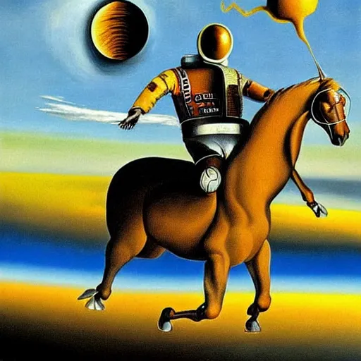 Image similar to a horse riding an astronaut, style of surrealism, salvador dali