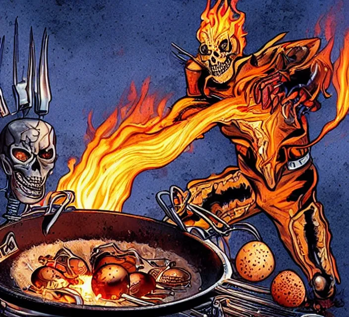 Prompt: ghost rider cooking eggs with his fire