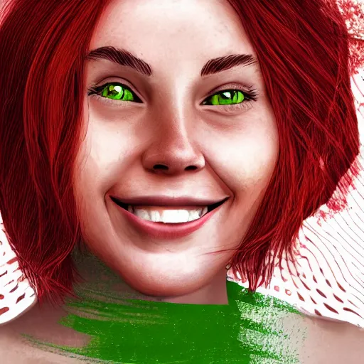 Image similar to a smiling woman with red hair, green eyes, dimples, and rosy cheeks, digital art