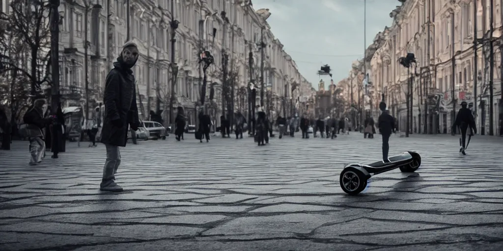 Prompt: cinematic street shot of a hoverboard flying floating city saint petersburg city, telephoto, anamorphic cinematography, beautiful composition, color theory, leading lines, photorealistic, moody volumetric lighting