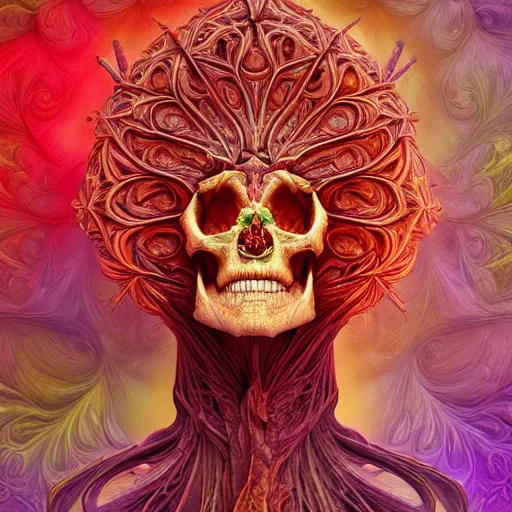 Image similar to a beautiful digital art of a detailed psychedelic coral - carved human skull made from detailed fractal by alberto seveso, jean delville, edmund dulac, jean giraud, vivid colors, octane render, redshift render