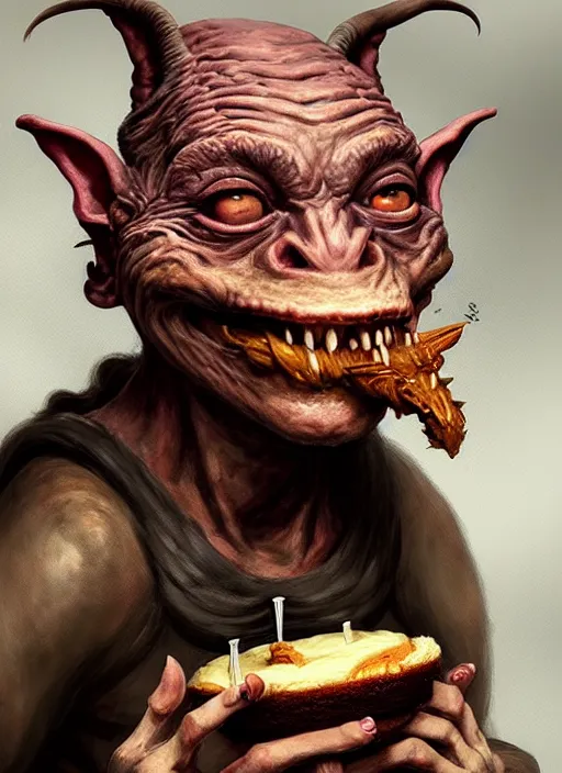 Image similar to portrait of a medieval goblin eating cakes, beautiful face, hyper realistic, highly detailed, digital painting, artstation, illustration, concept art by hyung tae and frank frazetta, digital paint, matte paint, washed colors, dark, gloomy